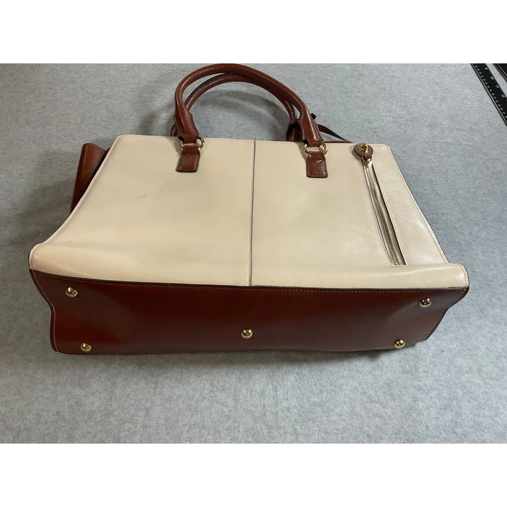 Bostanten White Brown Leather Briefcase Tote Laptop Zip Top Bag
